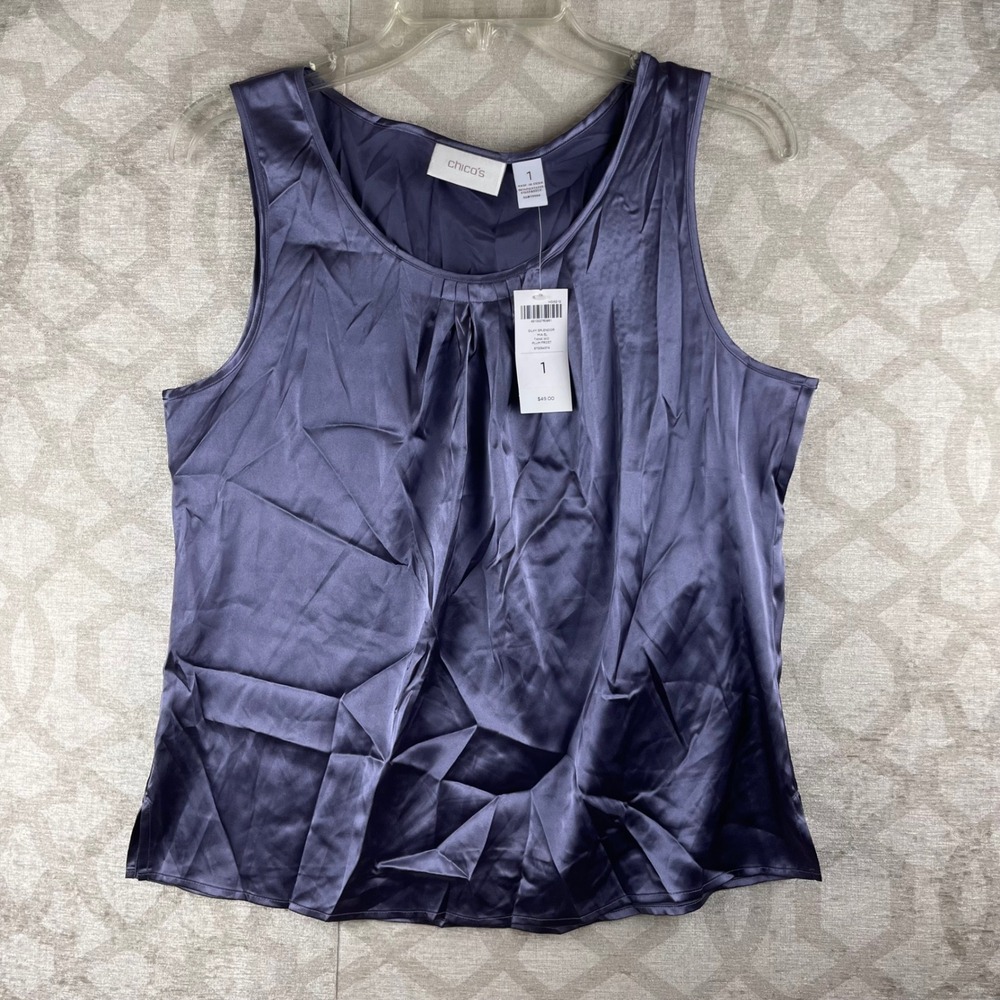 Chico's Silky Splendor Tank Top Womens 1 M Plum Frost Purple NWT Pleated Satin